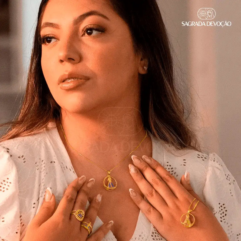 Colar Aura Nossa Senhora Dupla Face | Zircônias Premium Ouro 14K